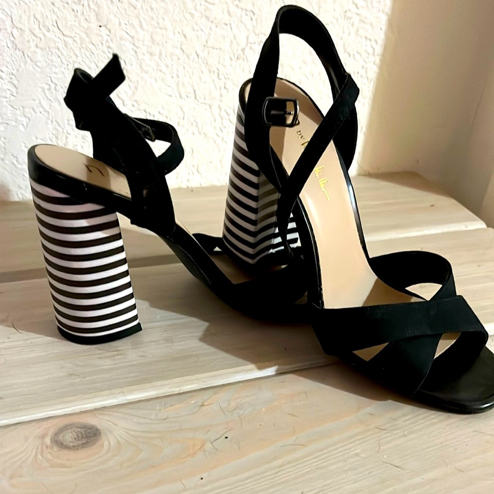 Size 8 black ankle strap with black and white block heels